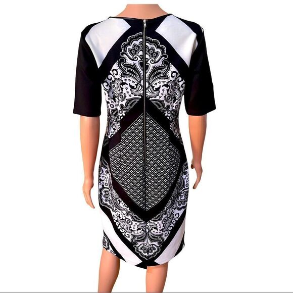 Beige by eci B&W Mixed Print Scuba Sheath Dress Size 8 - Picture 3 of 14